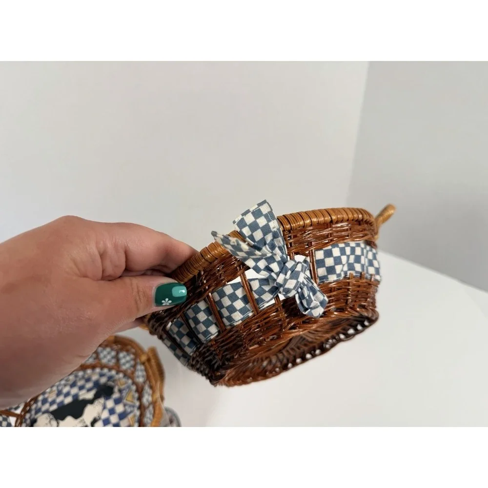 Round Wicke Cow Print Trinket Baskets lined Set of 2 NWT Country Farmhouse